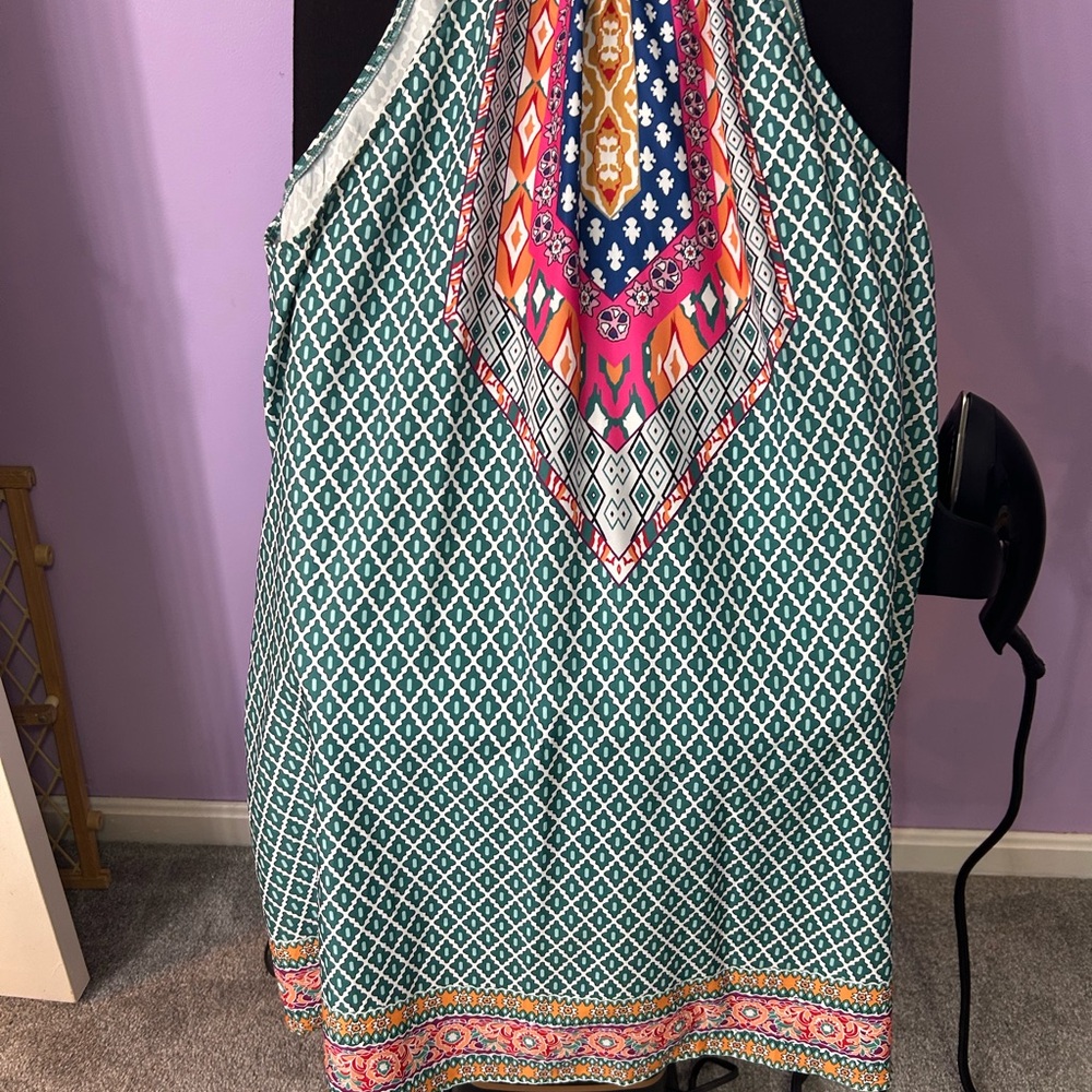 Green Printed Halter Dress with Multicolor Detail